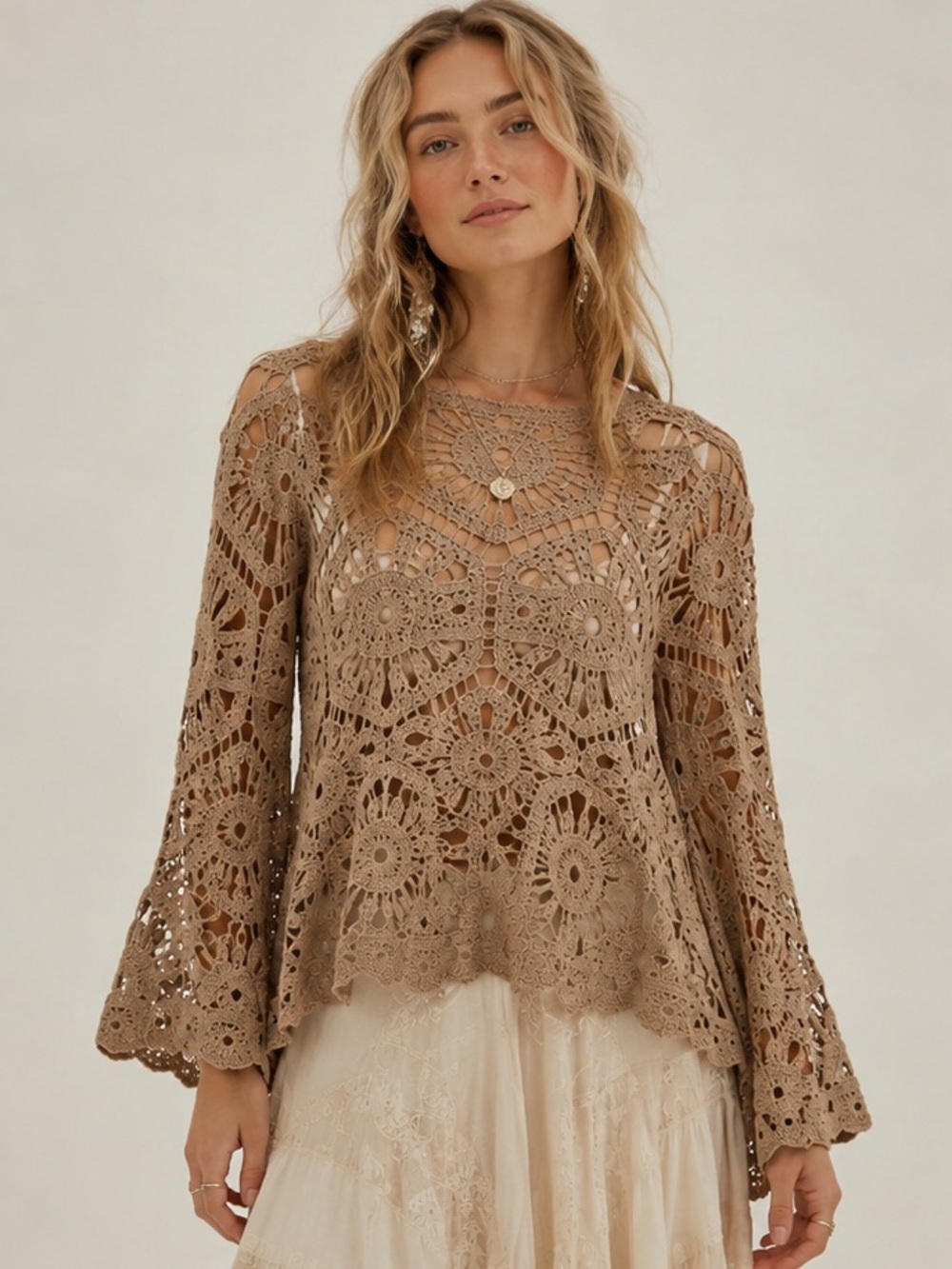 POL Taupe Tan Boho Cottagecore Fairy Feminine Open Knit Crochet Love Top Size OS